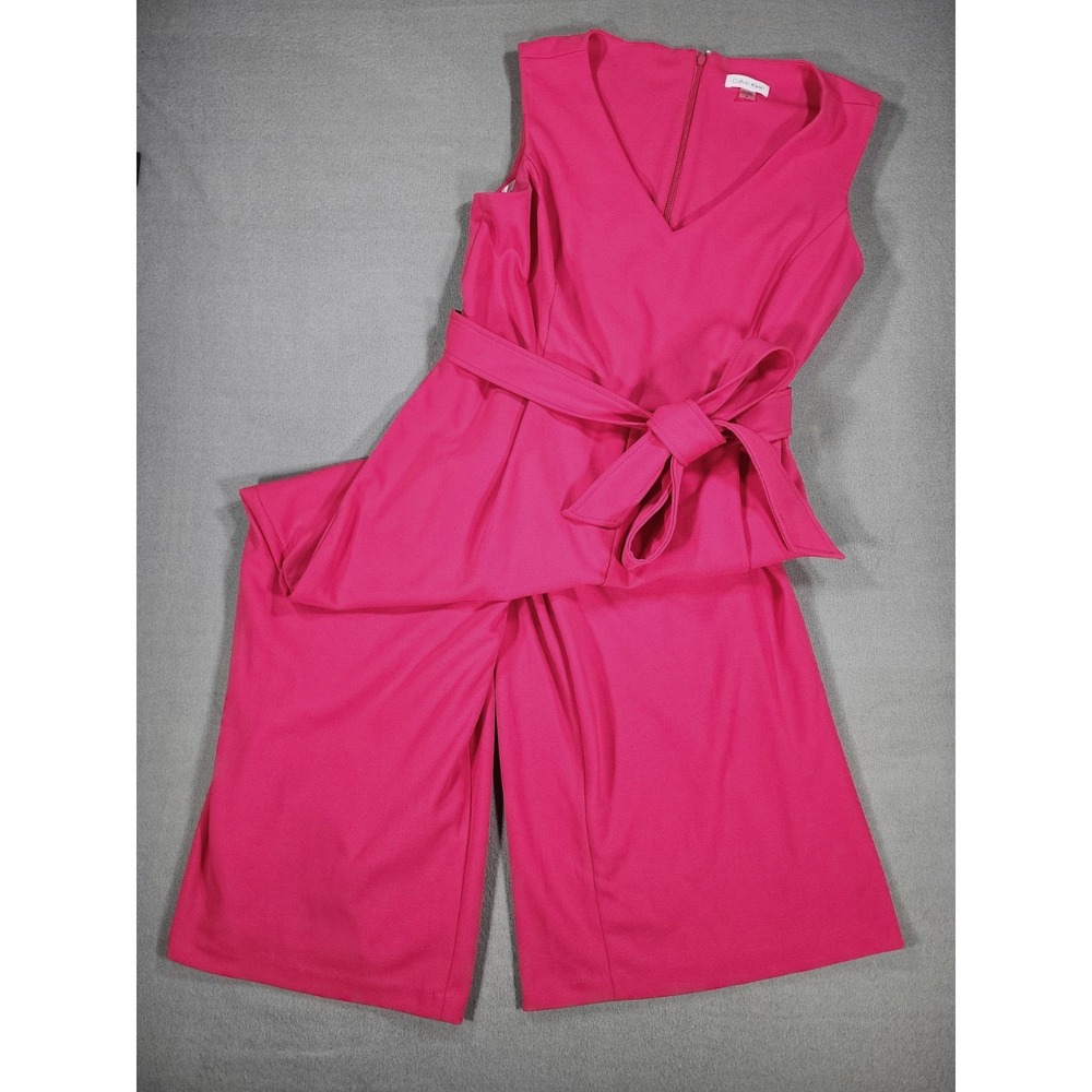 Calvin Klein Pink Sleeveless Wide Leg Belted Jumpsuit Size 14 Barbie Powersuit
